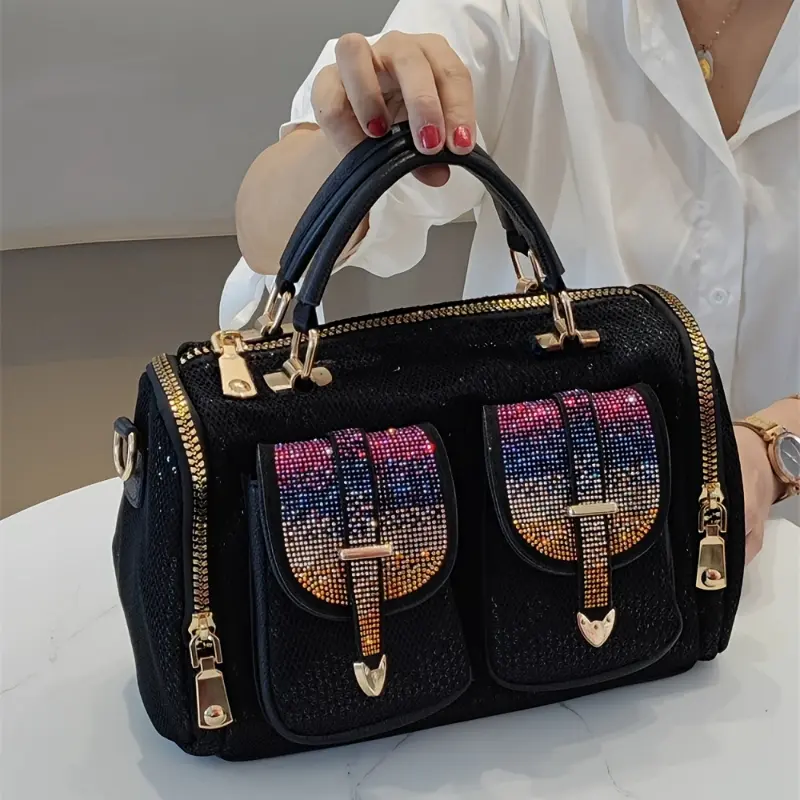 Women'S Rhinestone-Embellished Sequin Clutch Purse - Large Capacity Convertible Shoulder Bag & Clutch with Golden-Tone Hardware, Retro Black Evening Bag for Parties, Weddings, Formal Events, Party Handbag | Polyester Construction