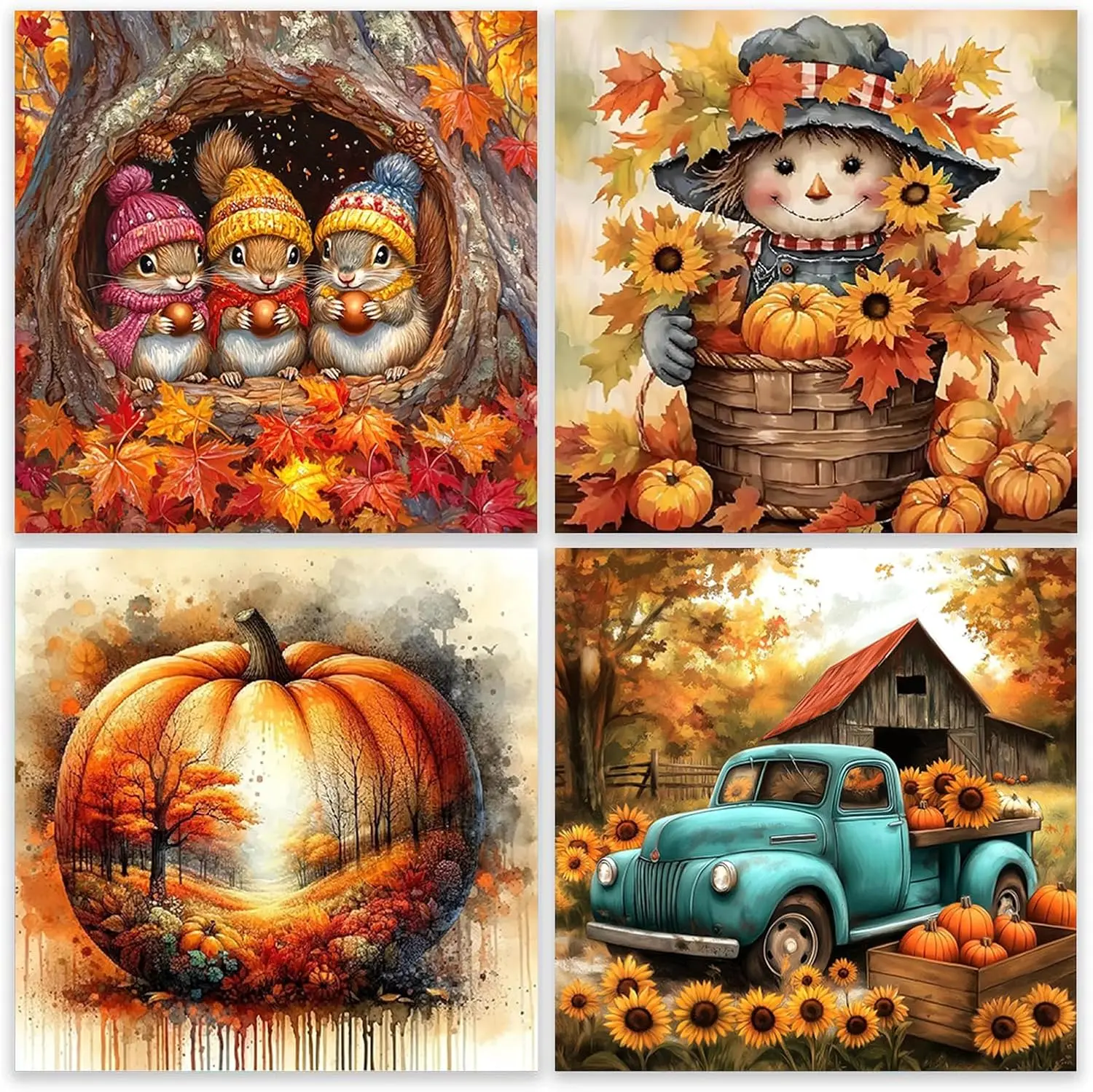 4 Pack 5D Diamond Painting Kit Fall Squirrel Scarecrow Pumpkin Vintage Truck Autumn Harvest Maple Leaf Sunflower Country Crystal Rhinestone Wall Decor Gift
