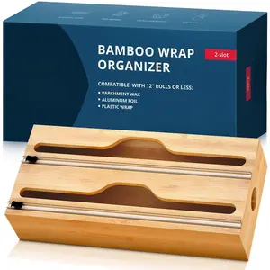 Wood Kitchen Foil and Plastic Wrap Organizer for Drawer - Plastic & Aluminum Wrap Dispenser with Cutter for Kitchen Organization and Storage