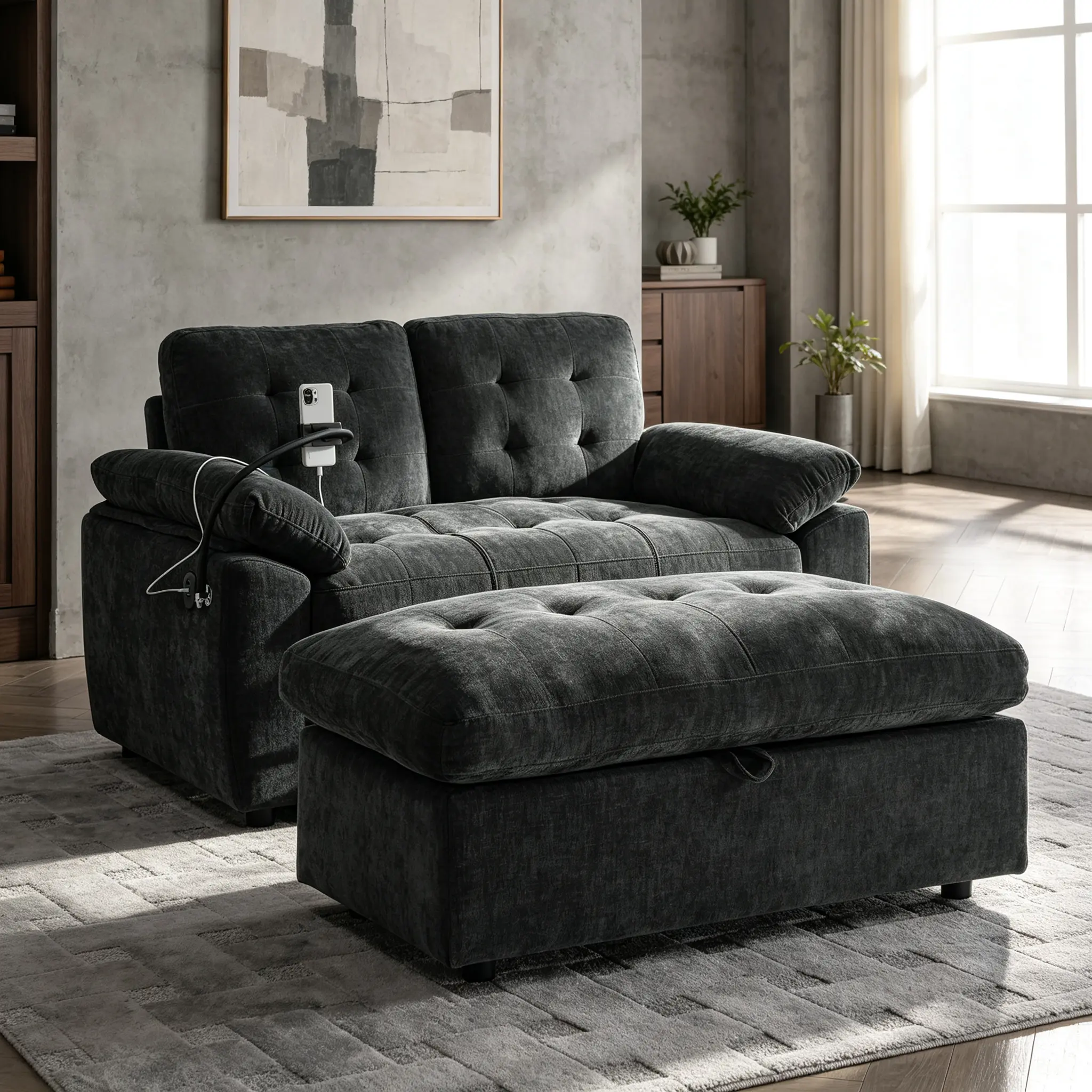 Double Leisure Sofa Recliner｜Manually Adjustable Backrest, Soft Padded Armrests with Storage Ottoman, Feature Phone Stand for Living Room