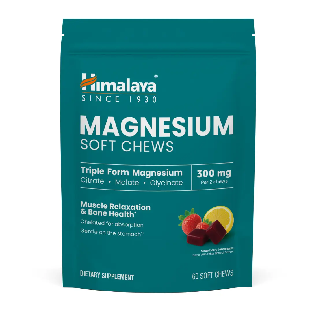 Himalaya Magnesium Soft Chews, 300 mg Triple Form Blend of Citrate, Malate and Glycinate, Supports Muscle Recovery, Relaxation and Bone Health, 60 ct