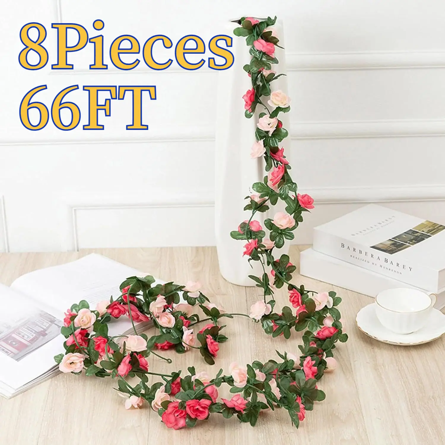 Silk Glueless 8-Piece Fairy Artificial Rose Vines (66ft Total), Pink Flower Plant Garland for Wedding Backdrop, Room & Garden Decor, Balloon Arch Accents