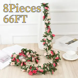 8Pieces 66FT Pink Flower Garland Artificial Rose Arch Vines Fake Spring Floral Garland for Flower Wall Backdrop Wedding Mothers Day Garden Tea Party Decoration Light Silk Balloon Door Plant