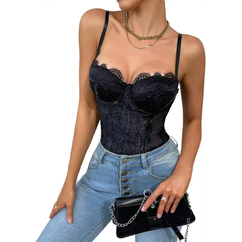 Women's Elegant Black Satin Spaghetti Strap Underwire Bustier Corset Shapewear Bodysuit - Adjustable, High-Stretch, Breathable 1-Piece Floral Lace Bridal Lingerie Moldeadora Shapewear Bodysuit..