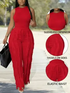 CALEBGAR Women's 2 Piece Outfit Sleeveless Mock Neck Top And High Waisted Drawstring Fringe Tassel Pants Matching Set Clubwear