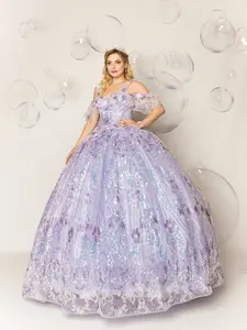 (LIVE 41) Quinceanera Ball Gown Dress - 3d Flower & Metallic Embroidery, Short Sleeve, Elegant Classic Summer Style for Special Occasions