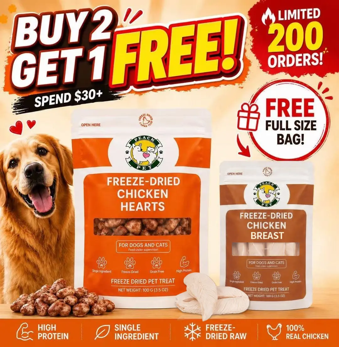 Peach Pet Freeze Dried Real Chicken Hearts Dog & Cat Treats, 3.5oz Rich High-Protein Pet Snacks, Buy 2 Get Free Chicken Dice, Spend $30+ Limited Offer