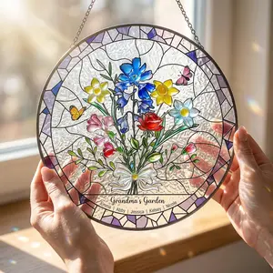 Personalized Birth Flower Stained Glass Suncatcher with 3D Raised Detail, Family Bouquet Window Hanging, Mothers Day Gift for Mom, Gift for Grandma
