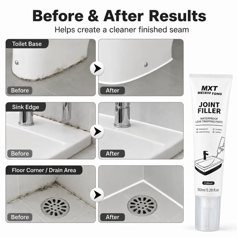 Waterproof Caulk Tape+Scraper Kit, 150ml Interior Joint Filler Sealant for Bathroom-Kitchen Tile Joints & Edges, DIY User Tool Set with Masking Tape, Smoothing Scraper for Scraping to Smooth & Sealing Gaps