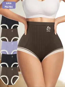 5 Pack Plus Size Women's High Waist Brief Plus Size Underwear Set, Elegant Multi-Color Striped Design, Comfortable Tummy Control, Slimming Fit, Daily Wear，1XL-5XL
