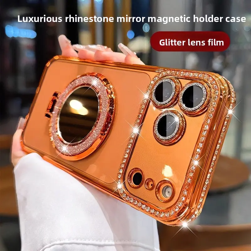 Unisex Glitter Mirror Magnetic Stand Casing for iPhone 17 Pro Max, 16, 15, 14, 13 Pro - Luxurious Rhinestone Smartphone Cellphone Protection Accessory with Lens Film, Accessories