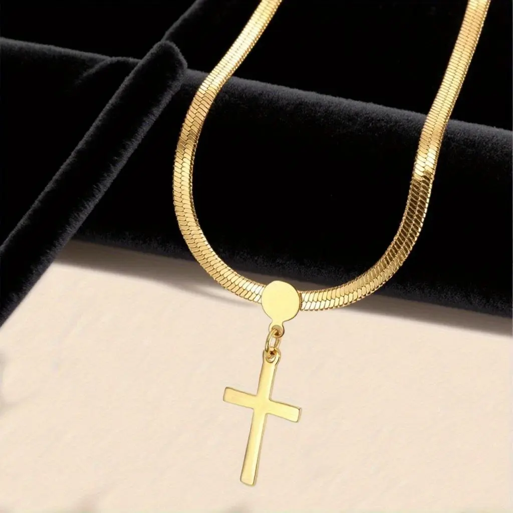 Gold-Tone Geometric Cross Pendant Necklace Set - European-American Light Luxury Stainless Steel Chain Fashionable Jewelry, Exquisite Gift for Friends, Anniversary Party Accessory