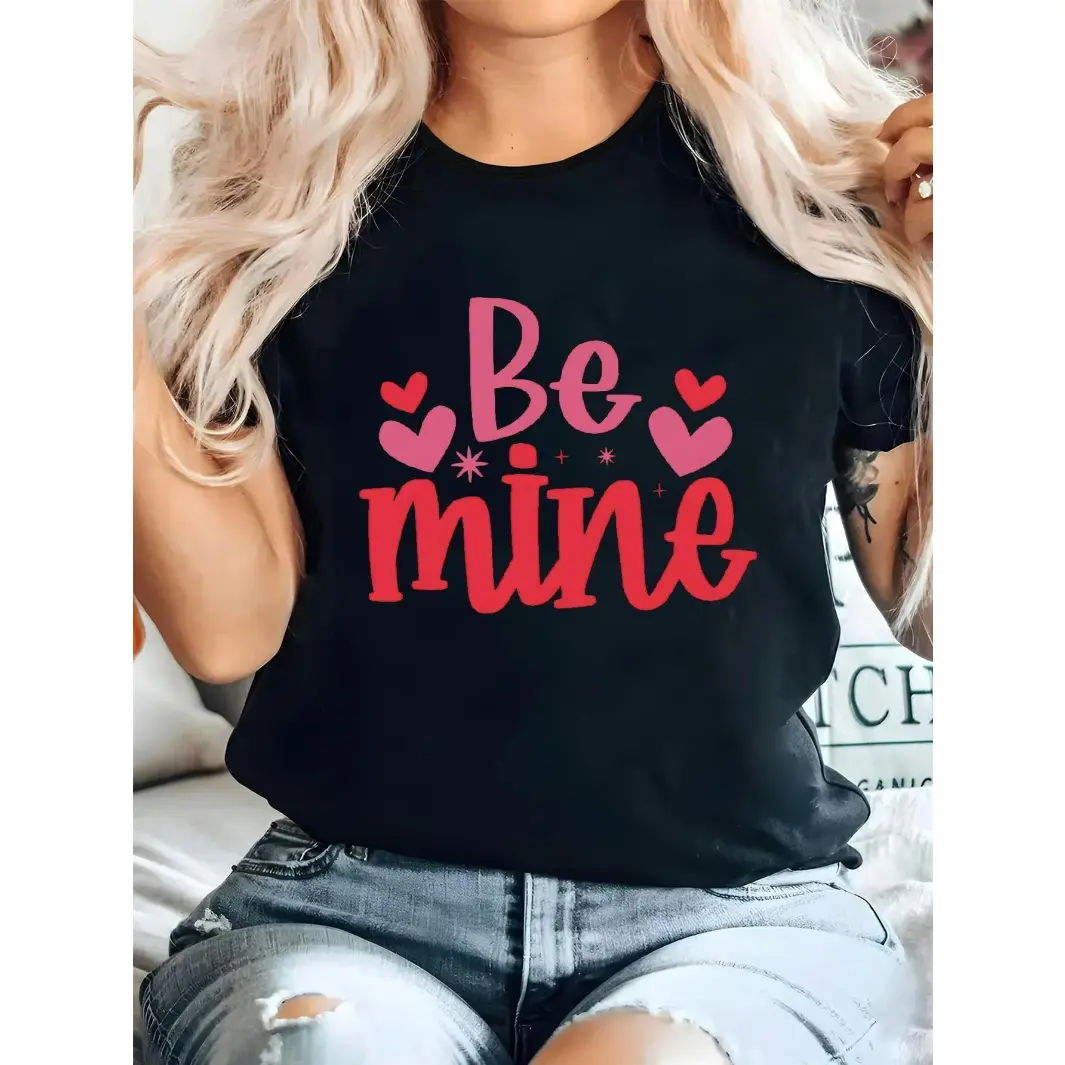 Womens Cotton Short Sleeve Graphic Tee Be Mine Heart Letter Print Cute Valentine Day Shirt Casual Soft Comfy Top For Date Night Party Weekend Outfit