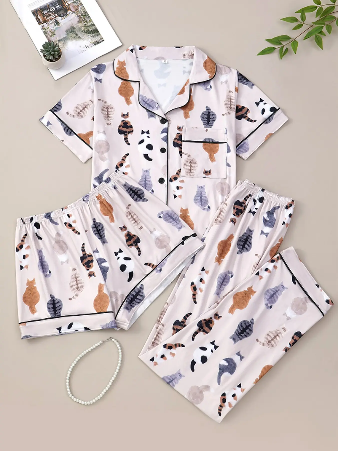 Three-Piece Cat Print Women's Pajama Set, Casual All-Season Home Wear Lounge Sleep Set Loungewear Nightwear, Button Pocket Shirt, Elastic Pants, Comfortable Daily Clothing