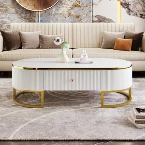47.2" Modern Oval Coffee Table with Drawers,Curved Profile Design, Gold Metal Decor, Center Table for Living Room, White+Gold
