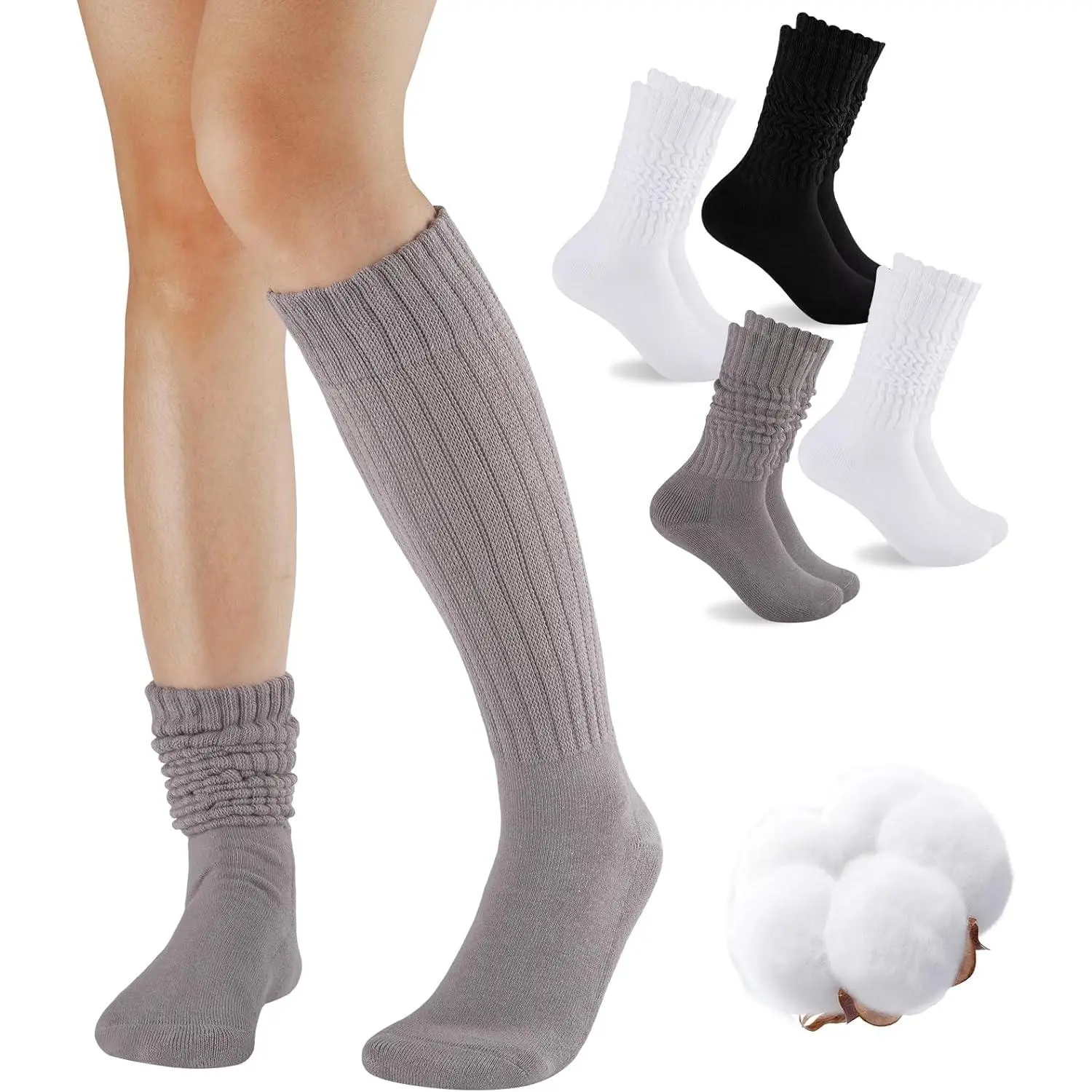 Women's Cozy 3-Pairs Mix Socks Set, Knee-High Slouch Scrunch Cotton Soft Knit Cushion Extra-Long Socks, Cozy Socks