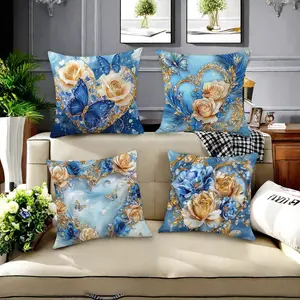 Rose & Butterfly Pattern Cushion Cover, 4 Counts/set Square Throw Pillow Cover, Household Decoration Supplies for Home Living Room Bedroom