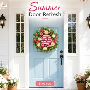 24 Inch Summer Floral Wreath for Front Door, Pink Peach Peony & Rose Artificial Welcome Sign Wreath, Hello Door Wreath for Outdoor Porch Decor, Farmhouse Indoor Outdoor Seasonal Home Decor