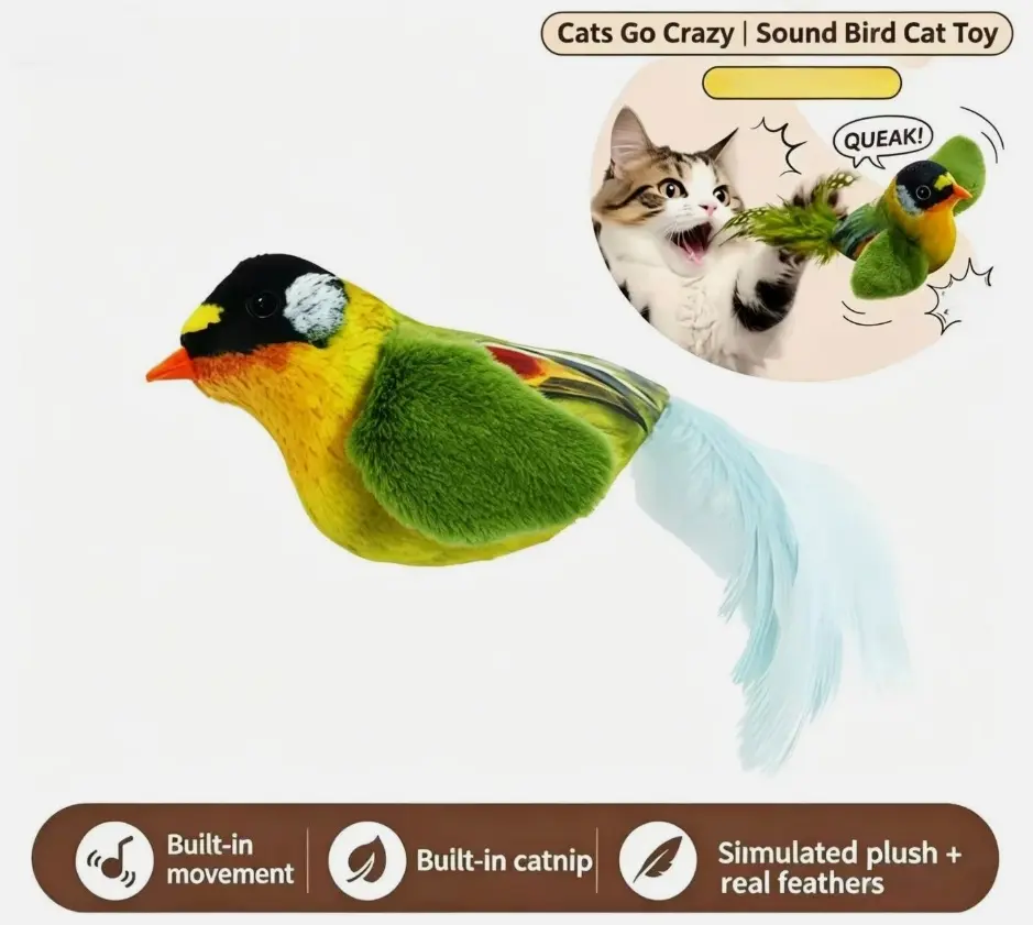Bird Shape USB Rechargeable Interactive Cat Toy - Chirping Sound, Flutter Movement, Built-In Movement, Automatic Bird Toy with Realistic Sounds for Indoor Kitten Daily Entertainment