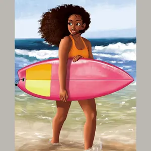 Surfing Black Girl DTF Heat Transfer Stickers, High Elastic Eco-Friendly Iron On Prints for T-Shirts Underwear Bags DIY Decor
