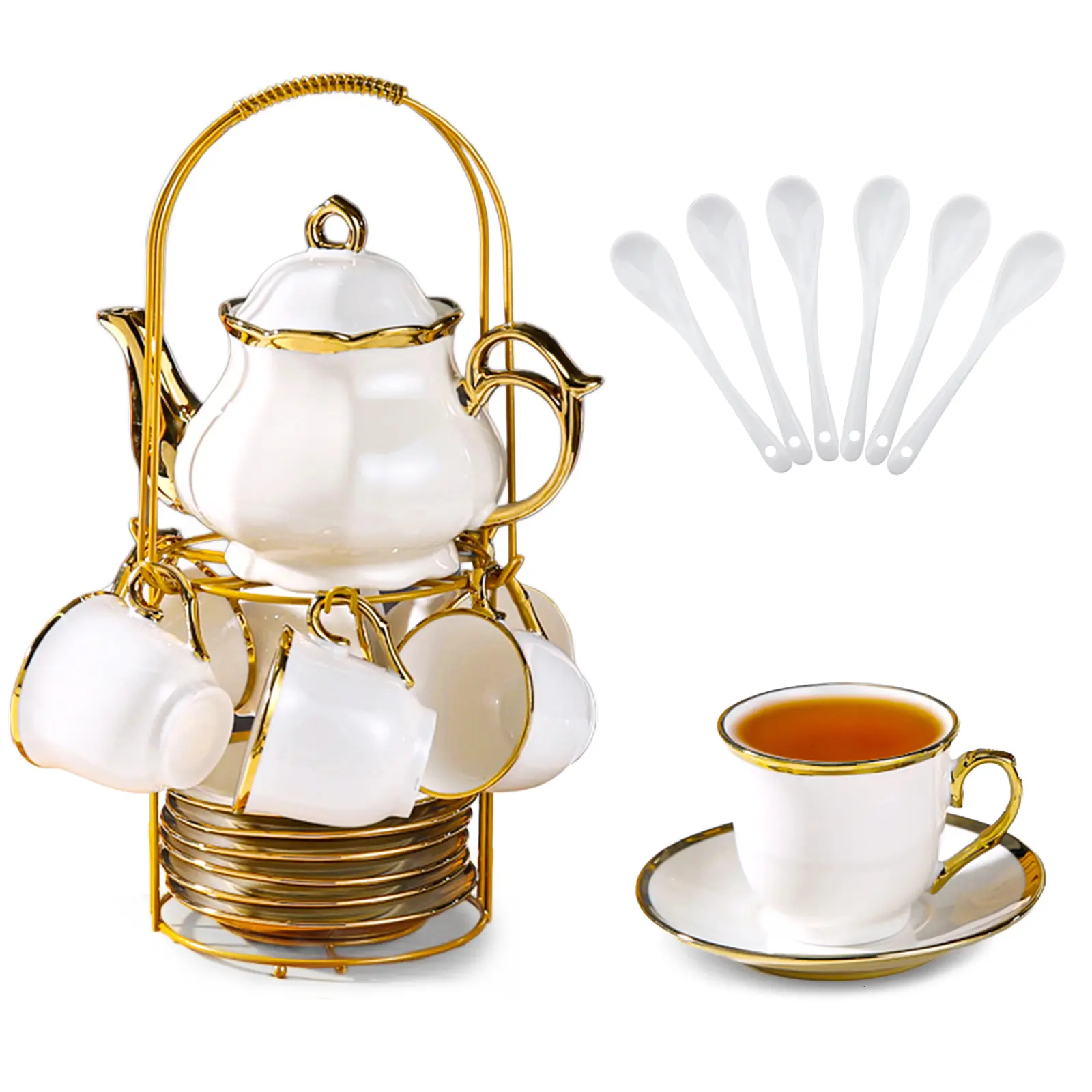 Glossy Porcelain Tea & Coffee Set (French White, 20-Piece) with Metal Holder, 6 Oz Cups & Saucers, European Gold-Trimmed Ceramic for Adults, Ideal for Party & Christmas Gatherings, Leak-Hole-Free for Tea or Coffee Use