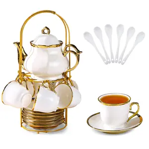 20 Pcs Porcelain Tea Set with Metal Holder, European Ceramic Tea Set for Adults, Coffee Tea Gift Sets, French Tea Cup Saucer Set for Party With Gold Trim (French White)