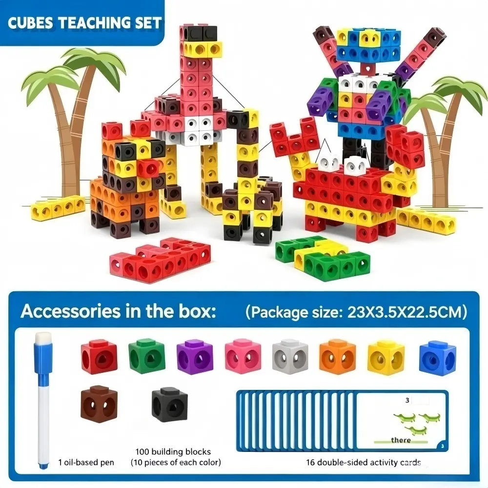 Unisex Math Linking Cubes Manipulative Set - 100 ABS Plastic Connecting Building Blocks, 16 Study Cards with Pen, Number Chart, Early Math Counting Tool, Fidget Educational Toy for Ages 4-8 Preschoolers