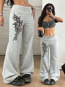 Y2K Gothic Print Flared Pants – High-Waist Casual Pants, Perfect for Streetwear and Grunge Styles | Popular TikTok Trend, Stretchy and Slim-Fitting, Perfect for 2026 Y2K Revival and Cute Fashion Looks