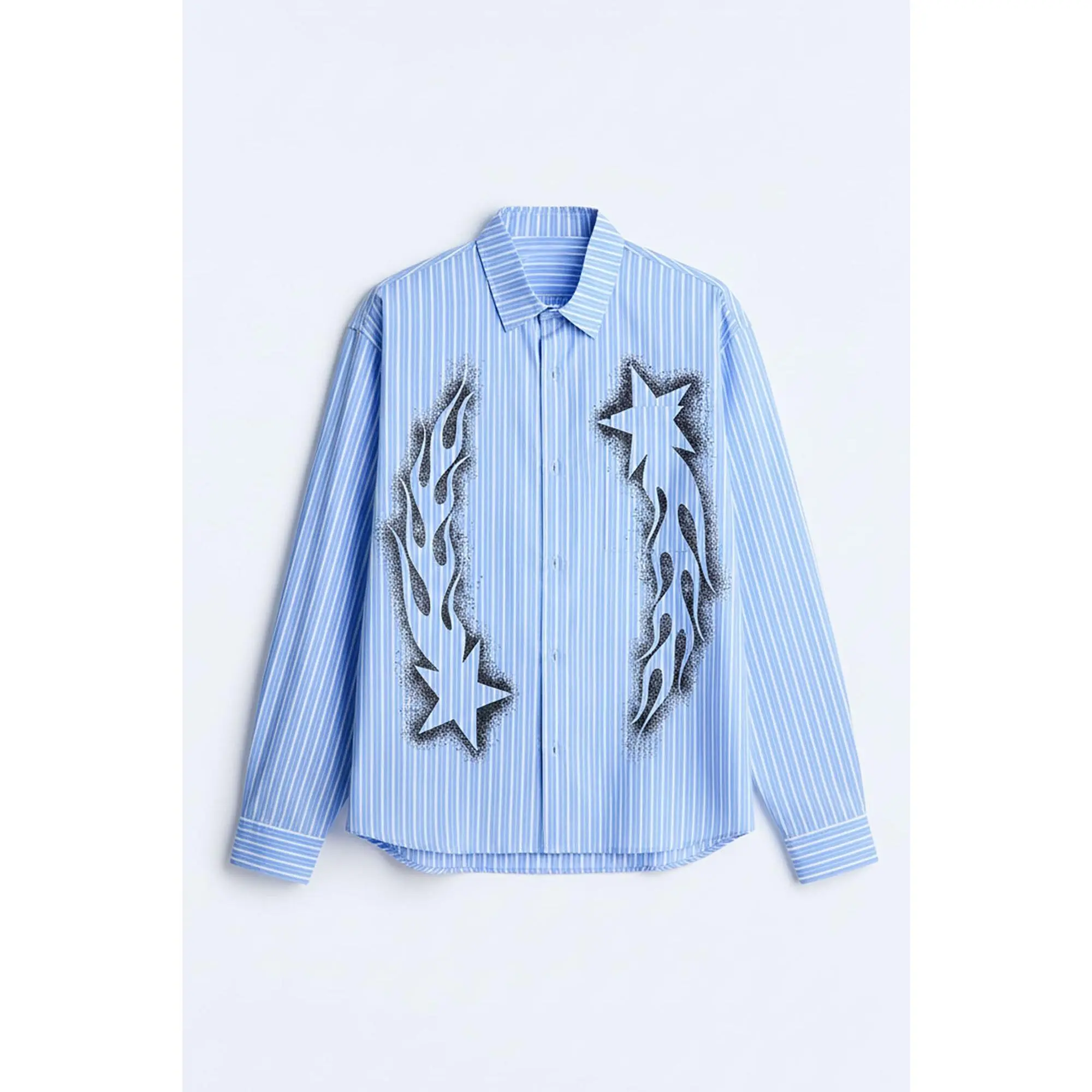 Oversized Pin Stripe Star Button Up Shirt - Light Blue