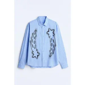 Oversized Pin Stripe Star Button Up Shirt - Light Blue Oversized Pin Stripe Star Button Up Shirt - Light Blue