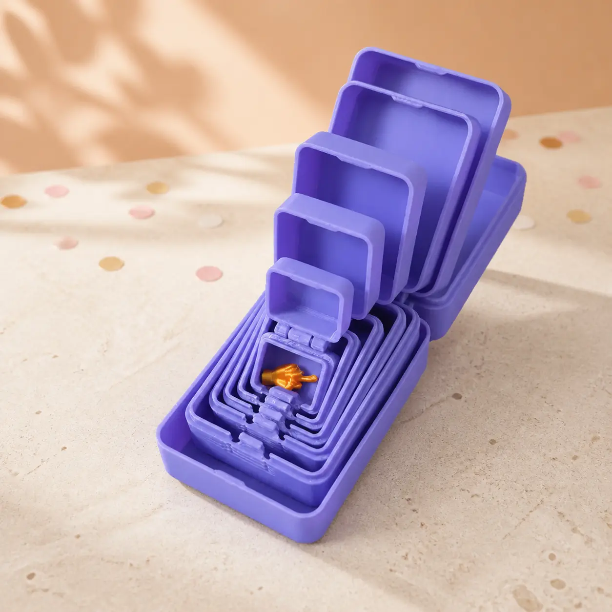 6-Layer Nesting Surprise Gift Box with Mini Finger Figurine, Funny 3D Printed Prank Puzzle Container, Reusable Unboxing Toy for Adults, White Elephant, Birthday, Christmas or Halloween Party Gift, Purple or Black