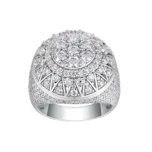 Moissanite D/VVS1 Iced-Out Sunburst Halo Round Signet Men’s Ring – 18K White Gold Vermeil on 925 Silver，GRA Certified