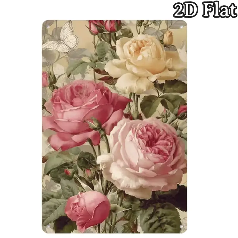 Vintage Distressed Metal Tin Sign - Soft Blush Cream Pink Roses, White Butterfly, Muted Cream Antique Background Wall Plaque - Shabby Chic Cottagecore Romantic Flower Artistic Decoration for Bedroom, Vanity, Sunroom