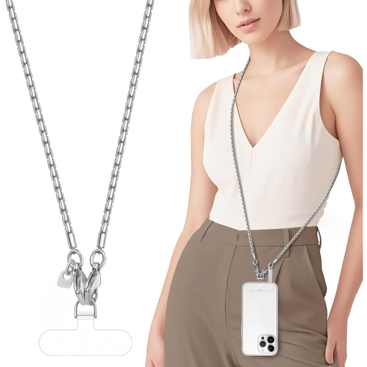 Metal Cell Phone chain Crossbody Phone lanyard with 2 Tether Tabs Detachable iPhone Chain Crossbody Strap,Non-rusting,Solid,iPhone Lanyard for Women  Travel Shopping Party Camping