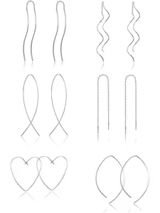 6 Pairs Unisex Silvery Heart Chain Tassel Twisted Threader Earring Set for Women Men Lightweight Polished Stainless Steel Sleek Curved Dangle Design Easy To Thread Through Piercings Skin-friendly for Daily Casual Minimalist Styling