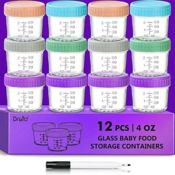 12-Pack Glass Baby Food Containers - 4 Oz Reusable Jars with Lids, Microwave & Dishwasher Safe, Freezer-Friendly Storage, 100% Leakproof BPA-Free for Homemade Puree & Snacks