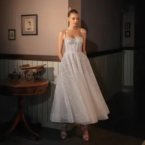 Spray Silver Short Wedding Dress with Spaghetti Straps – Puffy Balloon Skirt Gown, Western Style Mini Bridal Dress