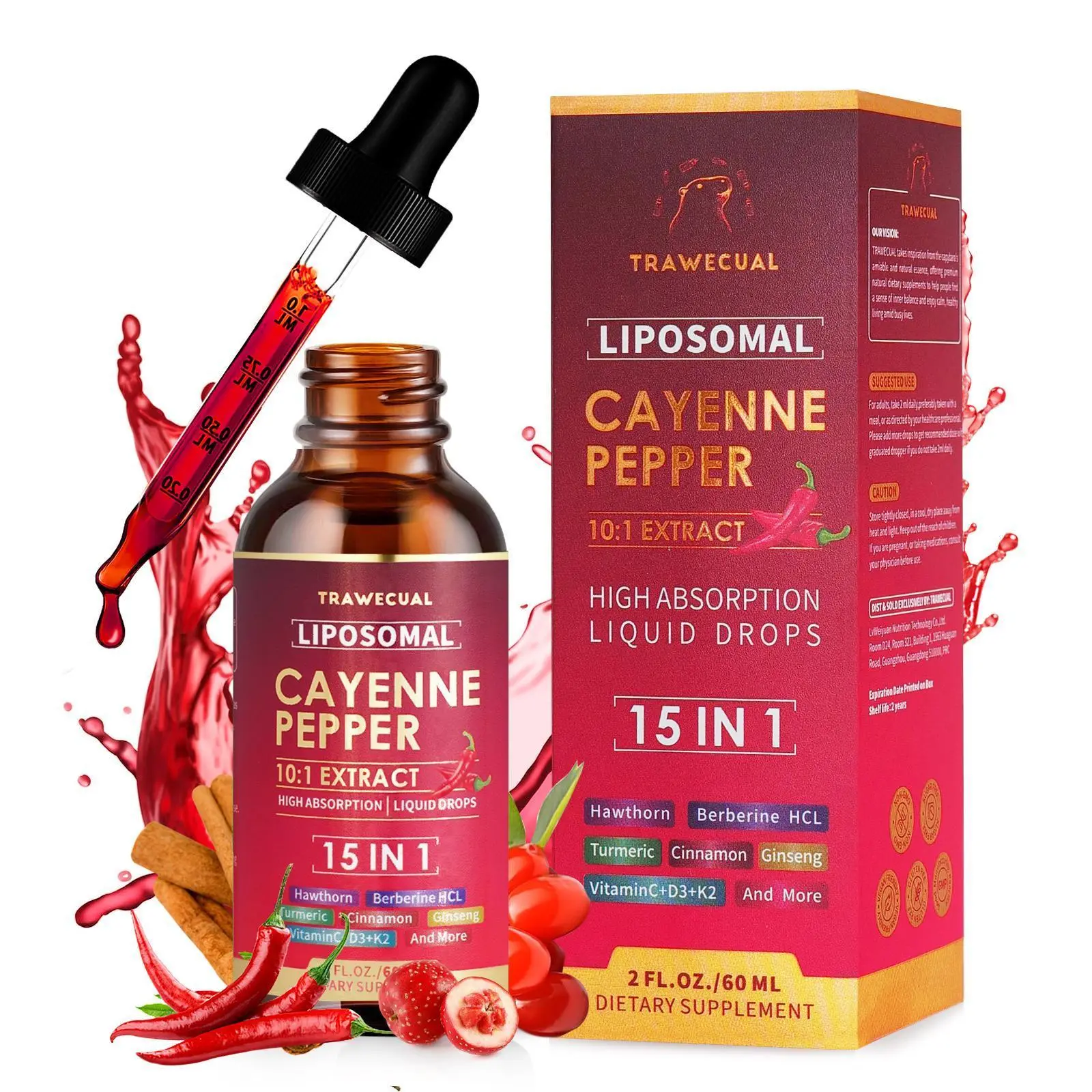 Cayenne Pepper Drops, Liquid Cayenne Pepper Organic, Cayenne Health Supplements, Cayenne Pepper Hawthorn Beet Root Turmeric Curcumin, Vitamin K2 & D3, Vegan-Friendly- 2 Fl Oz