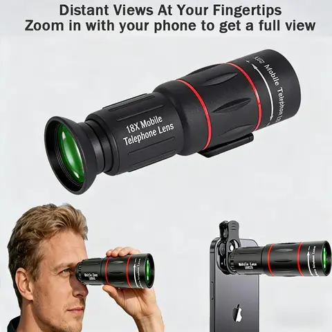 18x Telephoto Lens - 2 In 1 HD Anti-Shake Cellphone Accessory, 25in Glass+Plastic (ABS) Monocular with Holder, Adjustable Focus Wheel, 8.8° Wide View, Lightweight, Fits Most Phones, Ideal for Concerts, Outdoor Events (18x Without Phone Holder Compatible)