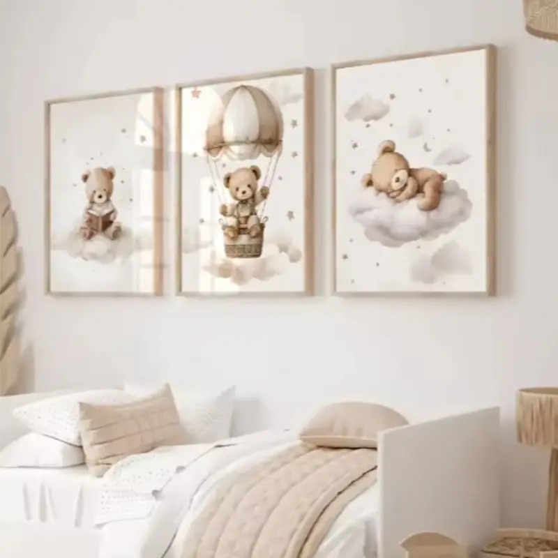 Bohemian Style Teddy Bear Canvas Poster Art, Framed Wall Decor for Modern Living Room, Home Decoration Accessories