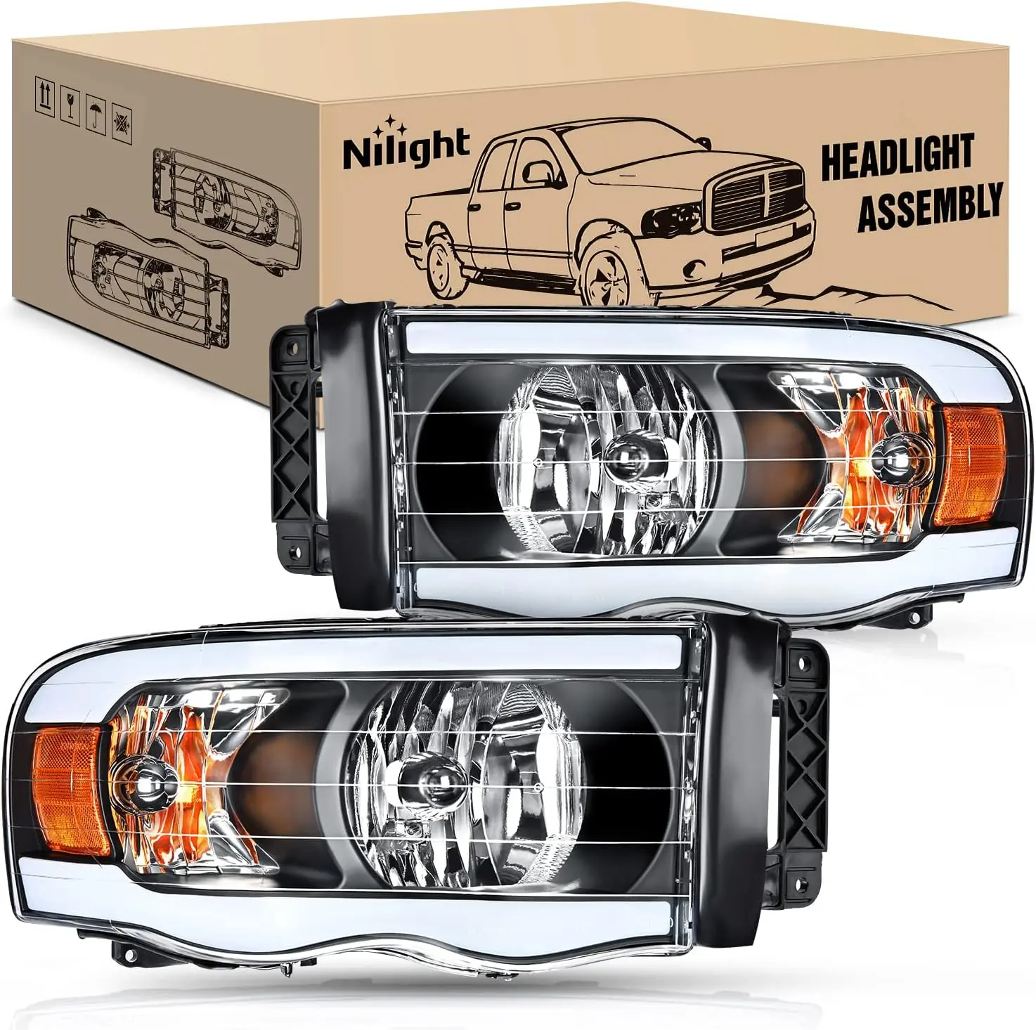 Nilight LED DRL Headlights Assembly for 2002-2005 Dodge Ram 1500, 2003-2005 Dodge Ram 2500/3500, Black Housing, Amber Reflector, Bright Headlight