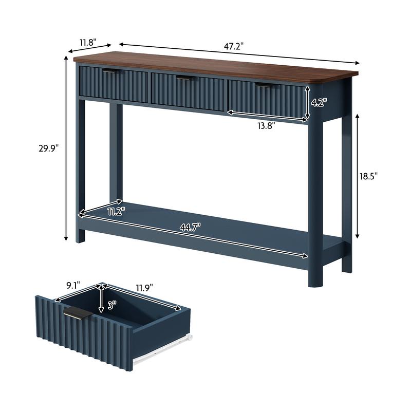 PieDle Furniture Fluted Console Table with Drawers, Modern 47.1" Entryway Table with Storage Shelf, Boho Narrow Skinny Behind Couch Wood Sofa Table for Living Room Hallway Entrance Foyer