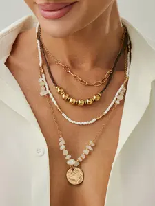 Women's Vintage Layered Sun Pendant Necklace Set, Boho Style Multi-Layer Design, Iron Material, All-Season Accessory