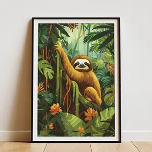 Smiling Sloth Jungle Poster Rainforest Animal Print Tropical Art Wall Decor Green Nature Illustration
