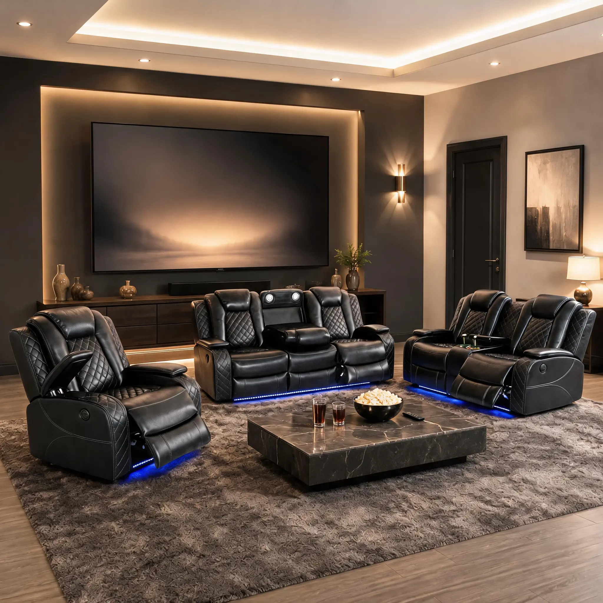 Ainehome Modern LED Black Leather Breathing Electric Recliner 3-Piece Sofa Set, Living Room Couch with Adjustable Backrest, Storage, Ambient LED Lighting, Wireless Chargers & Colorful Happiness Vibe Furniture seat sleeper modular boneless cloud michigan,