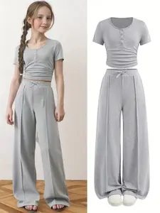 Kids Ruched Crop Top & Wide Leg Pants Set, Button Detail Drawstring Waist, Cute Summer for Girls, Trendy Kids Clothing