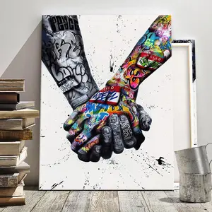 Street Graffiti Hand-clasping Pattern Canvas Painting with Frame, Modern Abstract Art Print, Wall Art Decor for Home Living Room Bedroom Office, Ornaments, Modern Cool Design, Unique Artwork