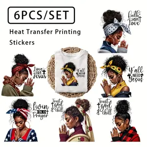 6-piece/Set Black Women's Prayer Theme Stickers, DIY Washable Heat Transfer for Clothes and Backpacks, Fashion-Designed Patch  Decoration.
