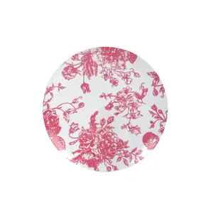 10-Pack French Toile Plastic Salad Plates – Pink & White Floral, 7" Round Disposable Dessert Plates