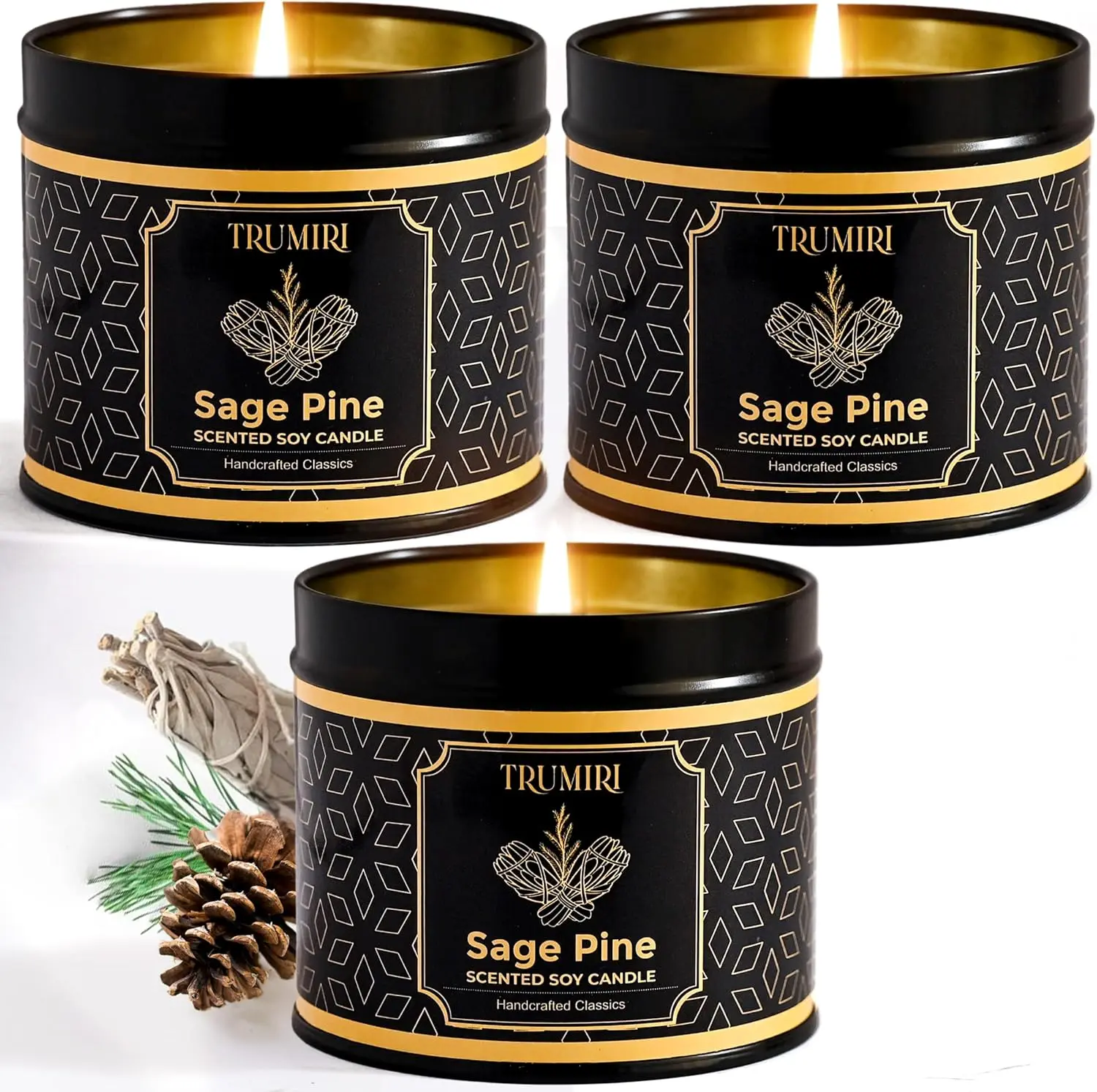 Sage & Pine Candle Strong Scented Soy Candel Natural Non Toxic Velas Aromáticas for Home Gift for Fall Christmas Holidays Pack of 3 5Oz Decorative Tin Jars with Lids
